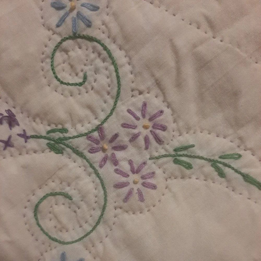Vintage Purple Quilt Hand Embroidered and Hand Quilted Queen 79 x 102 Queen